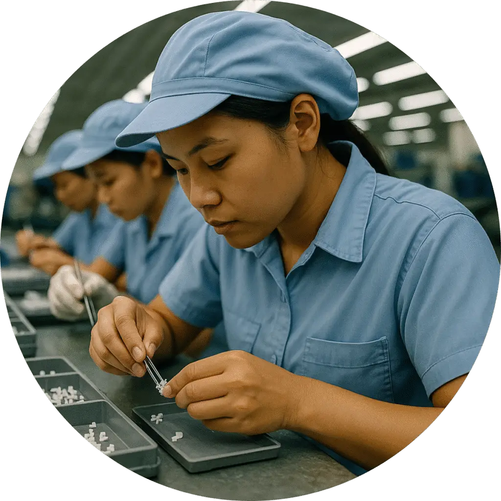中豪人力仲介外籍女工在工廠進行精密電子元件組裝與品質檢測作業