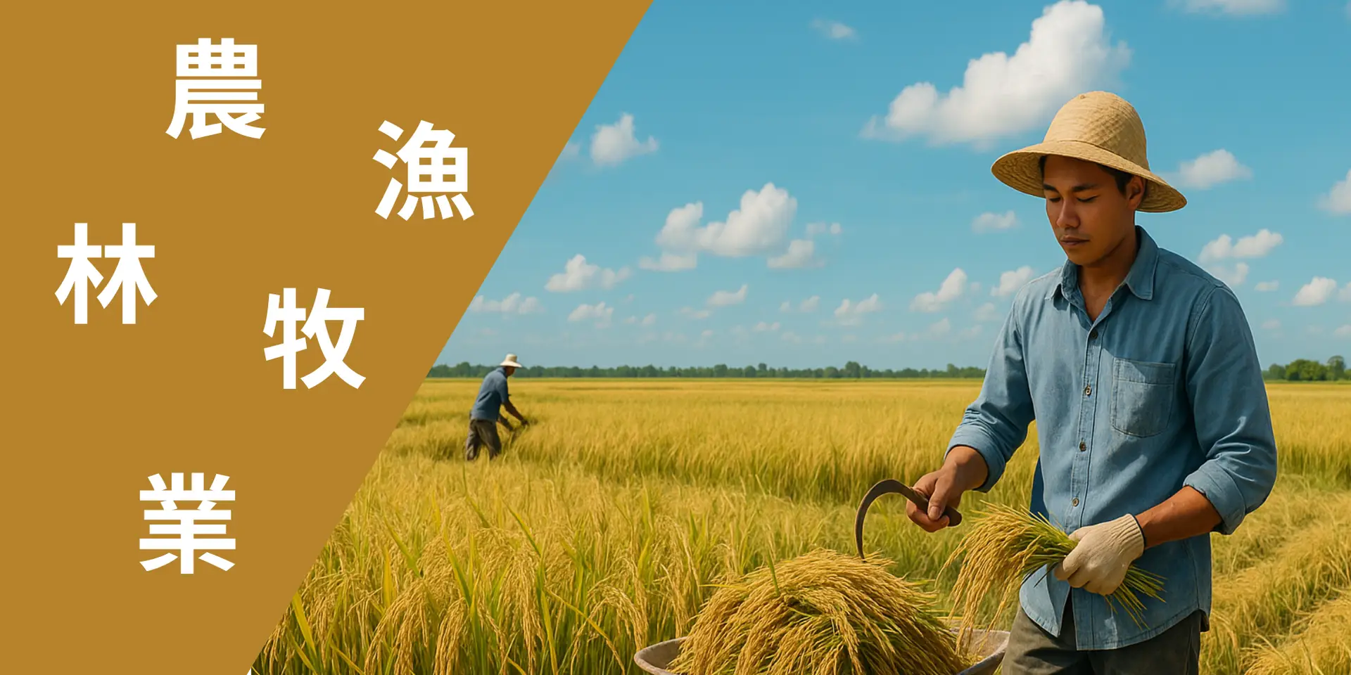 中豪人力仲介農林漁牧業外勞在金黃稻田中進行稻穗收割與農作物處理作業