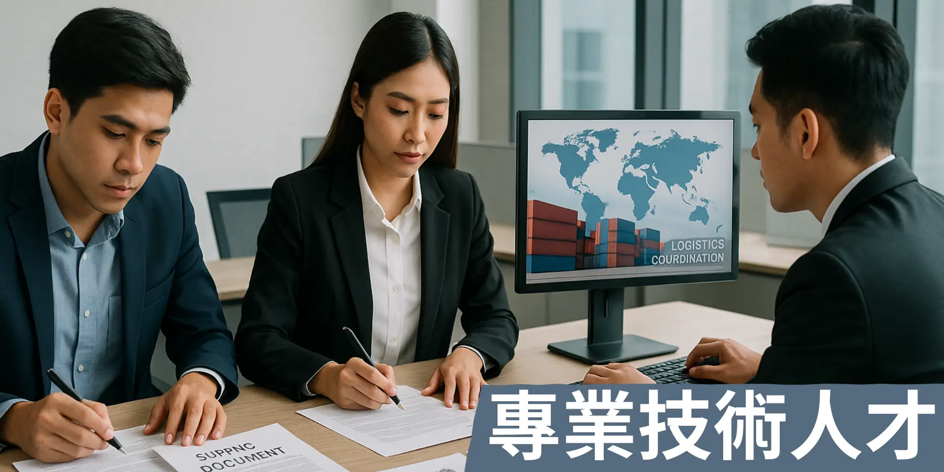 中豪人力仲介專業技術服務業外籍人才在現代辦公室進行國際貿易開發與物流協調會議