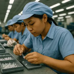 中豪人力仲介外籍女工在工廠進行精密電子元件組裝與品質檢測作業