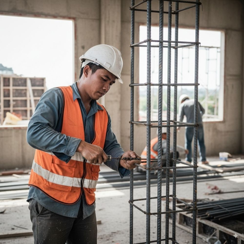 外籍營造工人穿戴安全帽反光背心，在建築工地進行鋼筋綁紮作業
