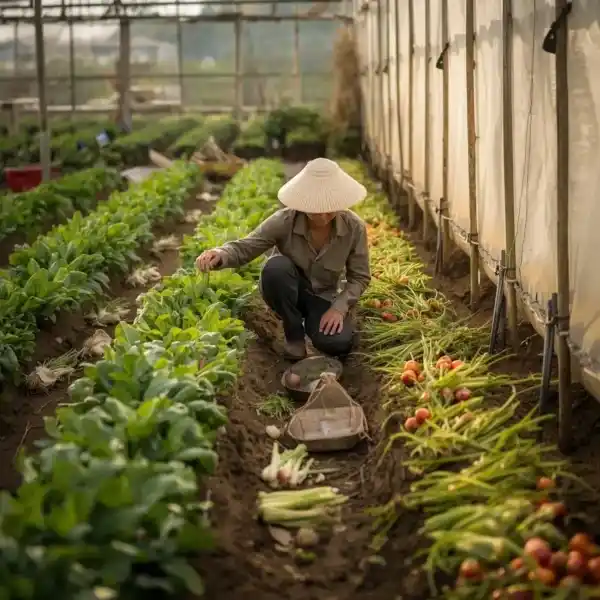 中豪人力仲介農林漁牧業外勞在溫室中進行有機蔬菜栽培與收成作業