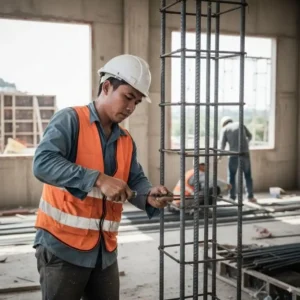 外籍營造工人穿戴安全帽反光背心，在建築工地進行鋼筋綁紮作業