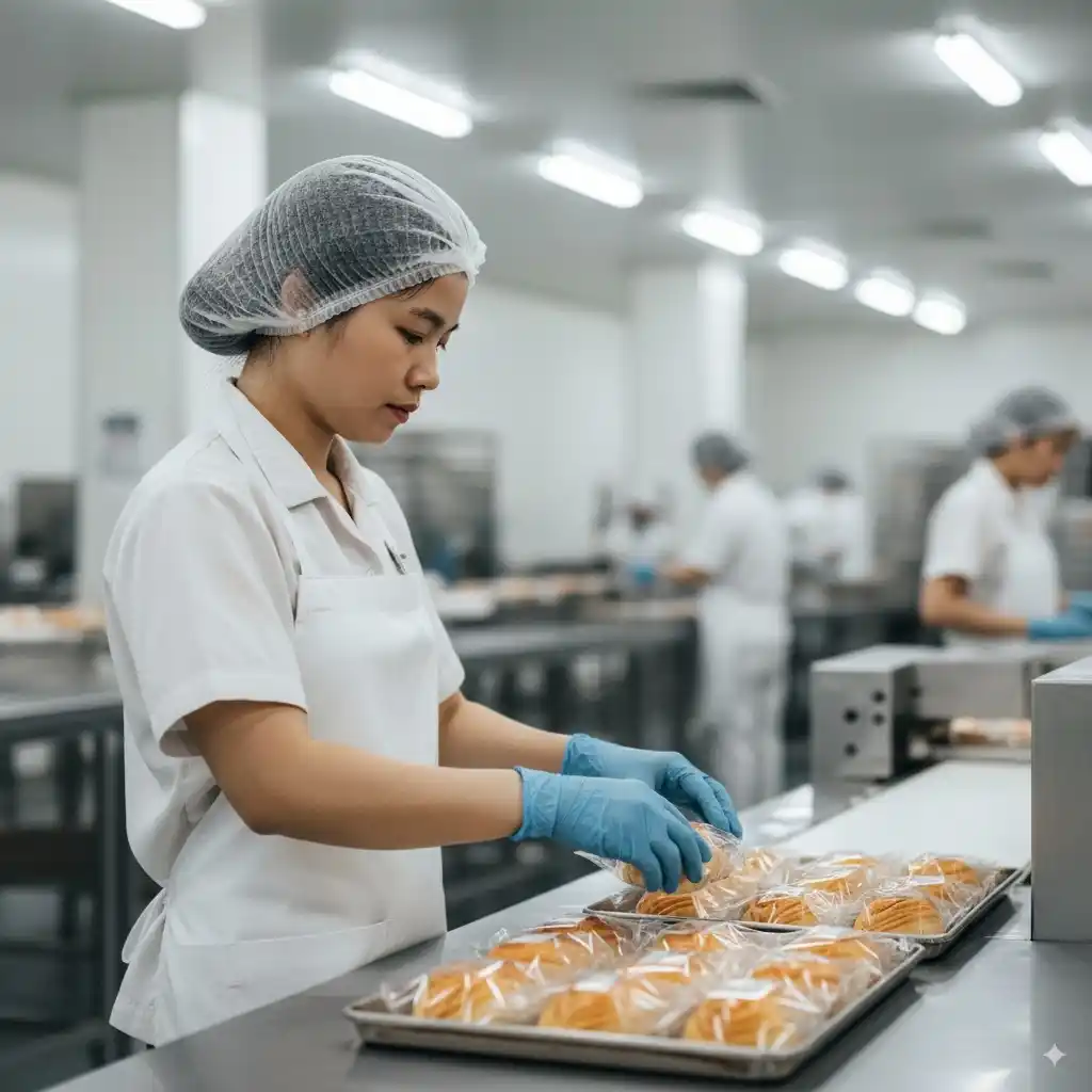 外籍製造業女工在食品工廠包裝麵包,穿戴衛生帽手套進行專業作業