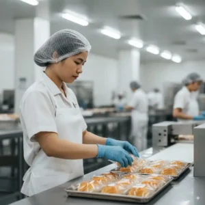 外籍製造業女工在食品工廠包裝麵包，穿戴衛生帽手套進行專業作業