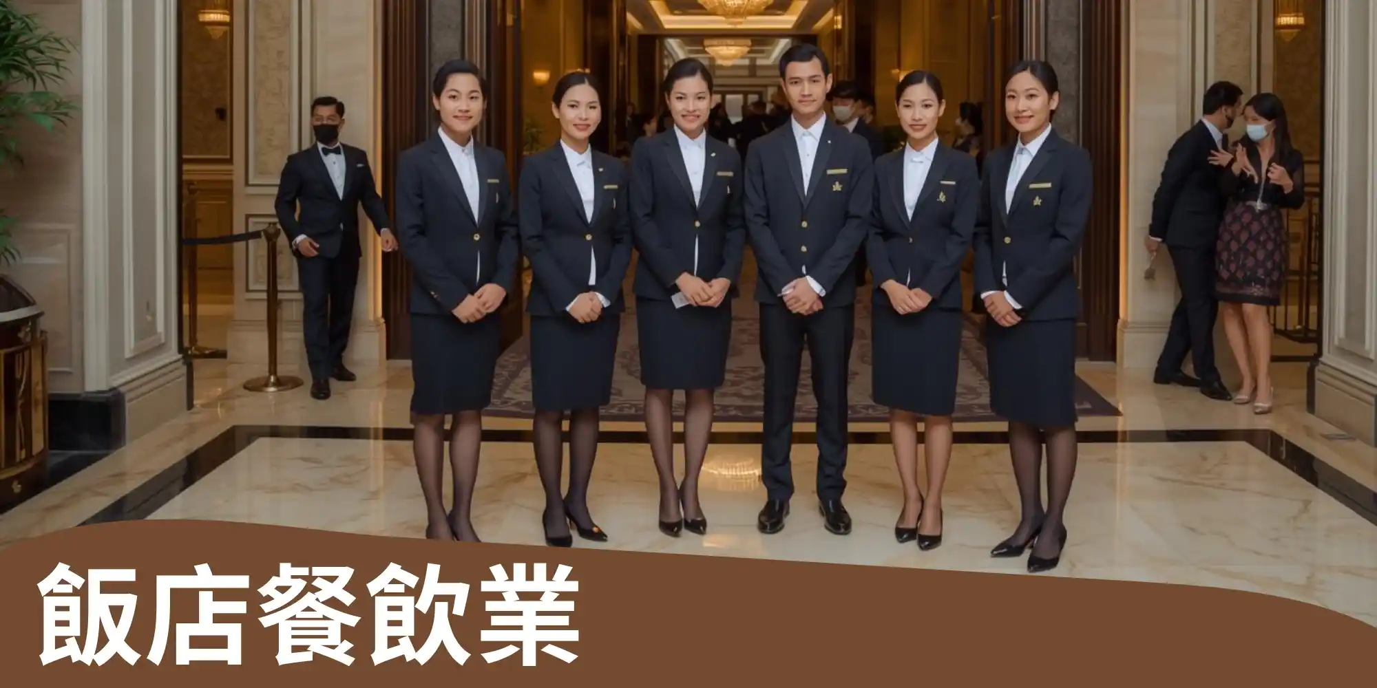 中豪人力仲介飯店餐飲業外勞團隊在豪華飯店大廳展現專業禮賓服務形象