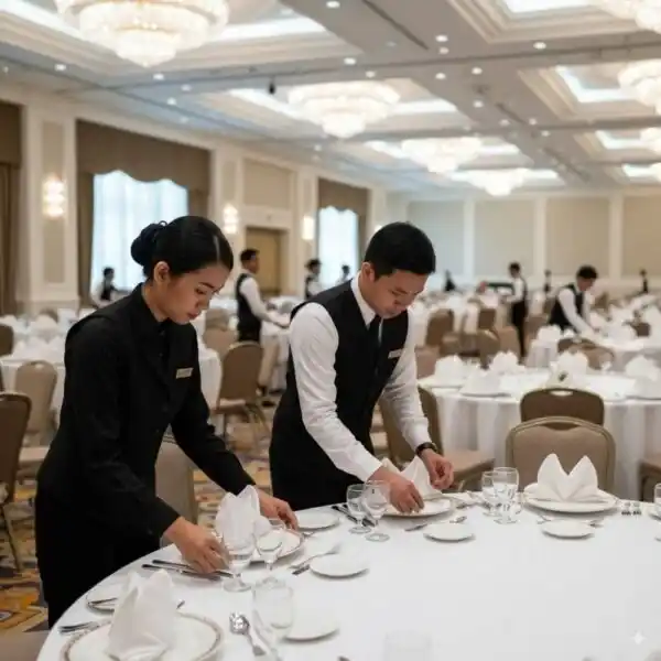 外籍飯店服務人員在豪華宴會廳進行餐桌擺設，穿著專業制服提供高品質餐飲服務