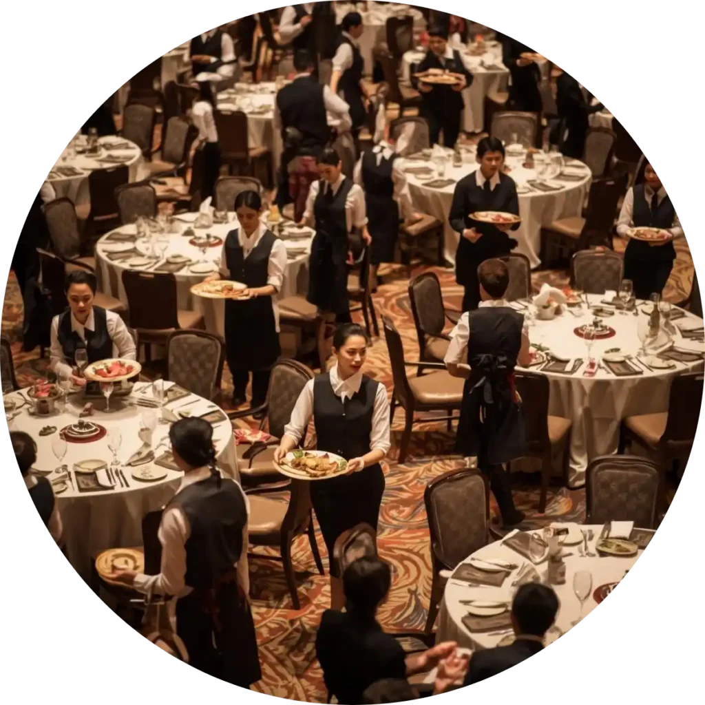 中豪人力仲介飯店餐飲業外勞團隊在忙碌宴會現場進行專業送餐與桌邊服務