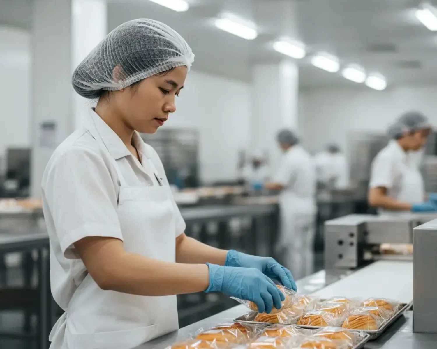 外籍製造業女工在食品工廠包裝麵包，穿戴衛生帽手套進行專業作業