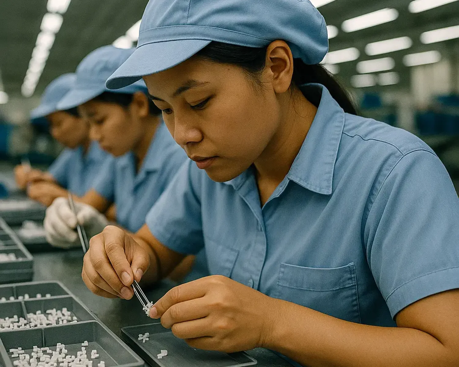 中豪人力仲介外籍女工在工廠進行精密電子元件組裝與品質檢測作業