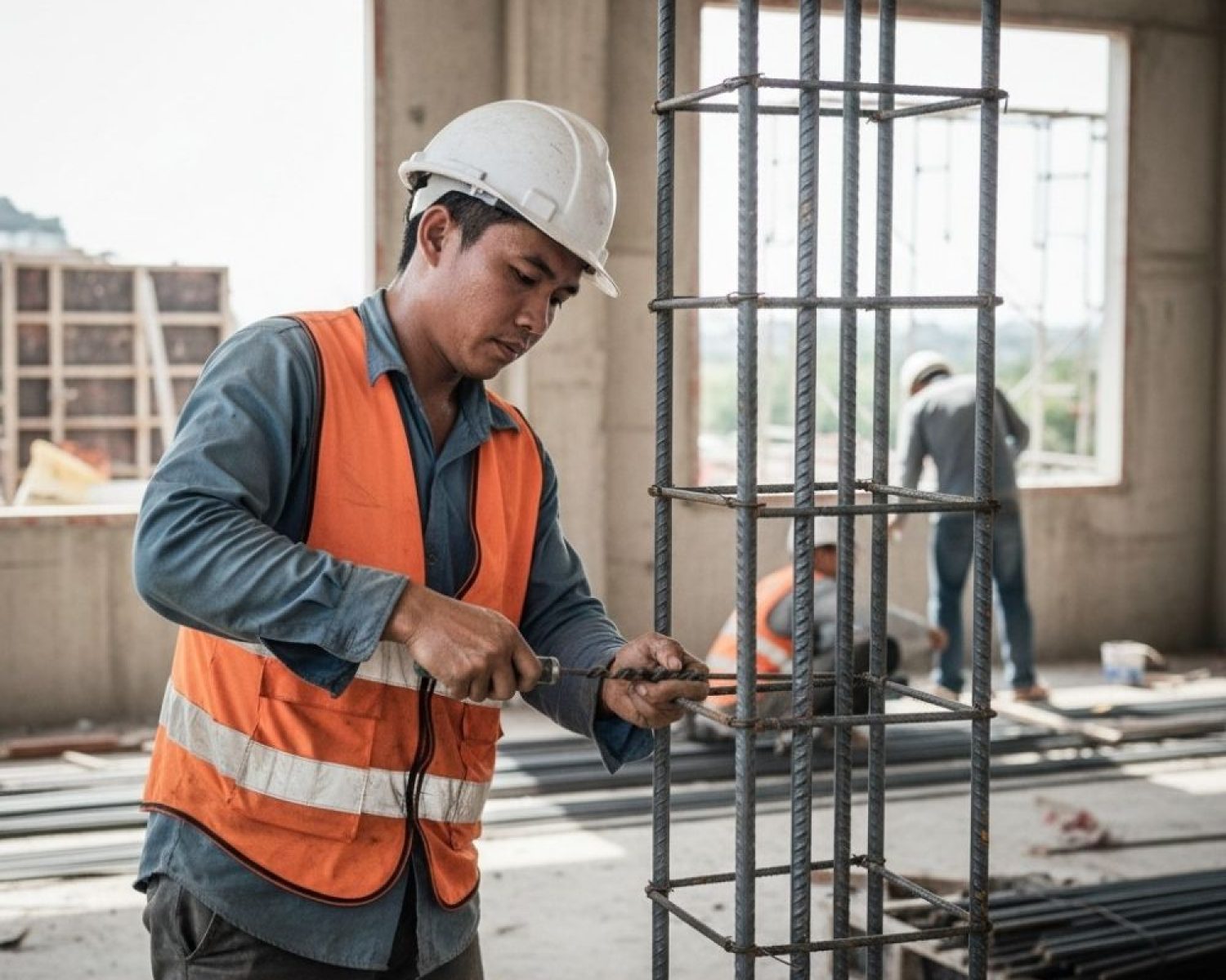 外籍營造工人穿戴安全帽反光背心，在建築工地進行鋼筋綁紮作業